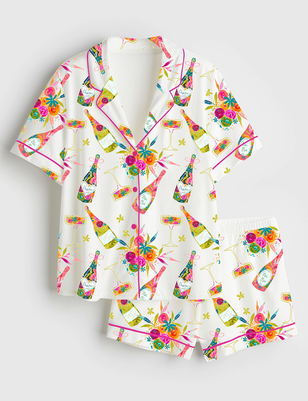 Womenâ€™s Floral Wine Lover Short Sleeve Satin Pajama Set