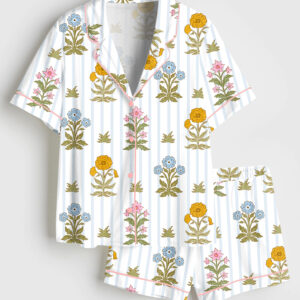 Womenâ€™s Florals And Sripes Short Sleeve Satin Pajama Set