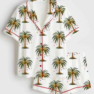 Womenâ€™s Florida Christmas Palm Tree Trendy Holiday Short Sleeve Satin Pajama Set