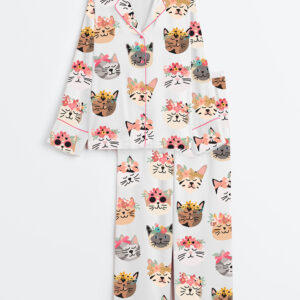 Women's Flower Cat Long Sleeve Satin Pajamas Set