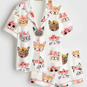 Womenâ€™s Flower Cat Short Sleeve Satin Pajama Set
