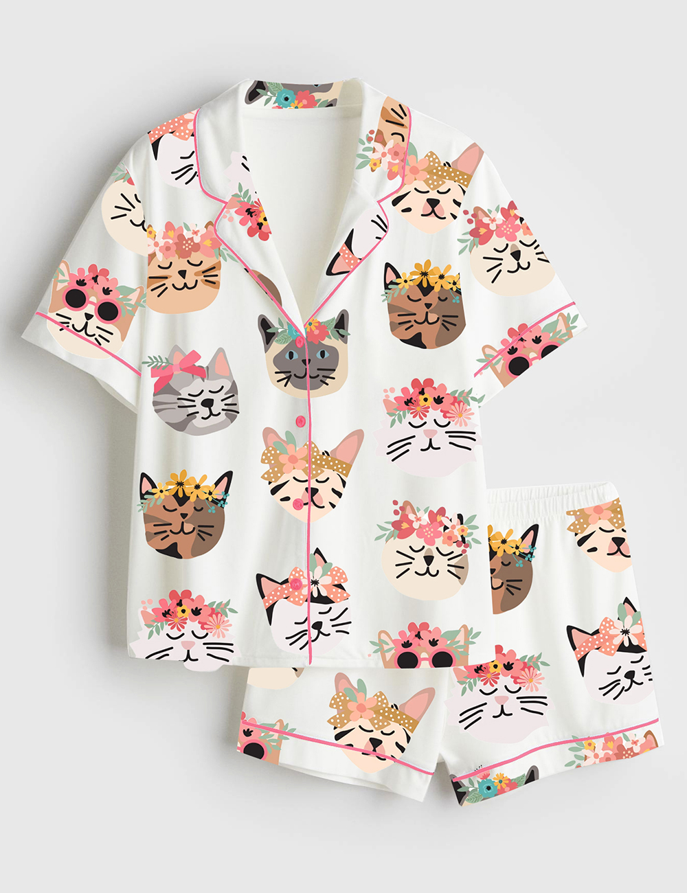 Womenâ€™s Flower Cat Short Sleeve Satin Pajama Set