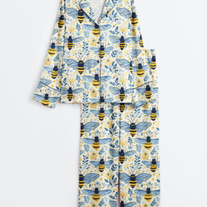 Women's Flowers And Bees Wildflower Honeybee Summer Surface Long Sleeve Satin Pajamas Set