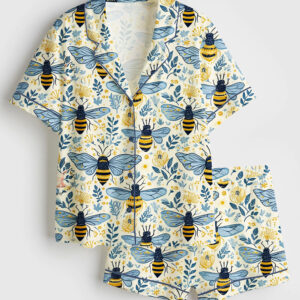 Womenâ€™s Flowers And Bees Wildflower Honeybee Summer Surface Short Sleeve Satin Pajama Set
