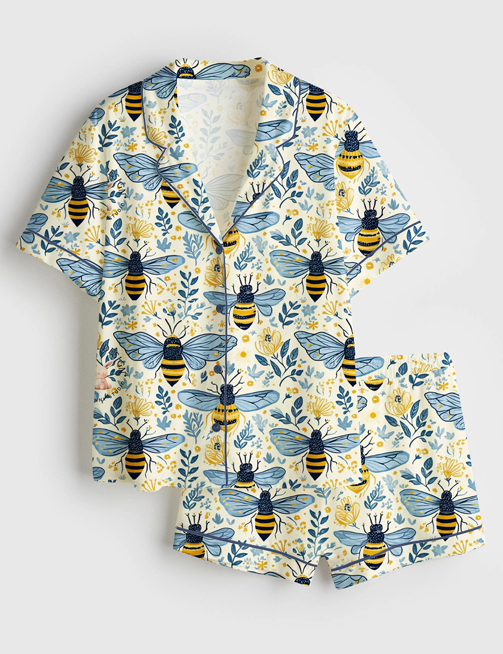 Women’s Flowers And Bees Wildflower Honeybee Summer Surface Short Sleeve Satin Pajama Set