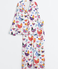 Women's Flowers Chickens Lovers Long Sleeve Satin Pajama Set