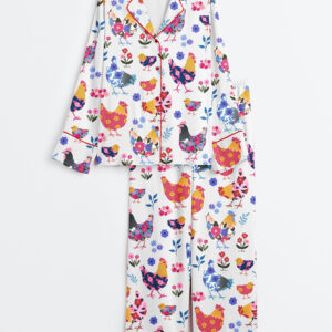 Womenâ€™s Flowers Chickens Lovers Long Sleeve Satin Pajama Set