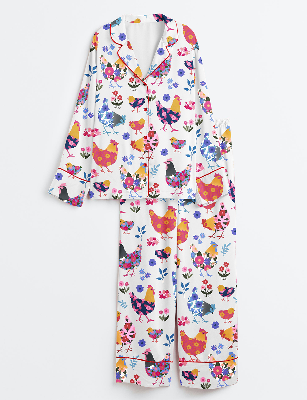 Womenâ€™s Flowers Chickens Lovers Long Sleeve Satin Pajama Set