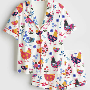 Womenâ€™s Flowers Chickens Lovers Short Sleeve Satin Pajama Set
