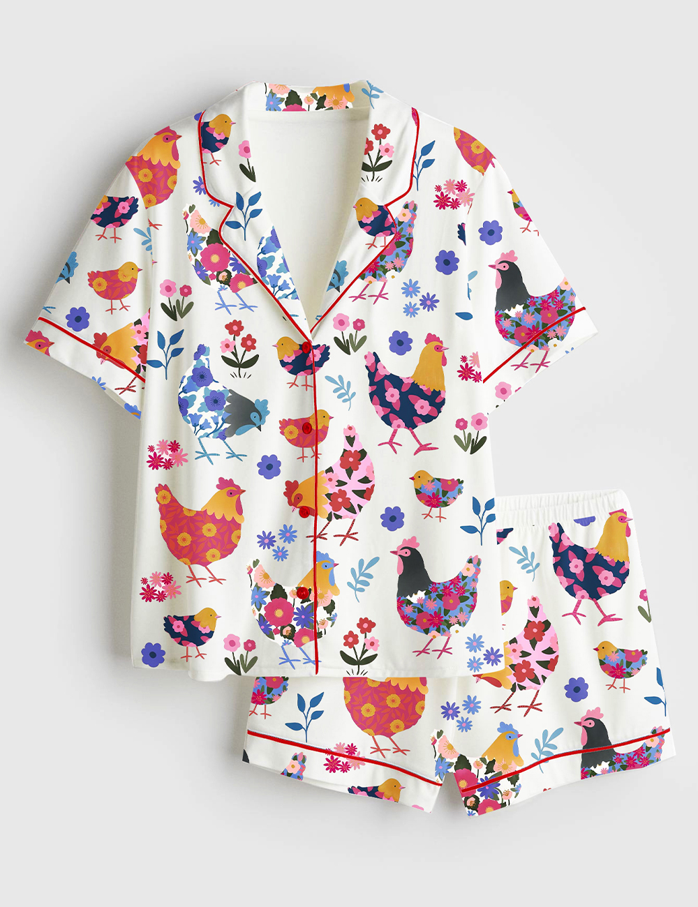 Womenâ€™s Flowers Chickens Lovers Short Sleeve Satin Pajama Set