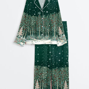 Women's Folk Art Christmas Forest Scandinavian Holiday Long Sleeve Satin Pajamas Set