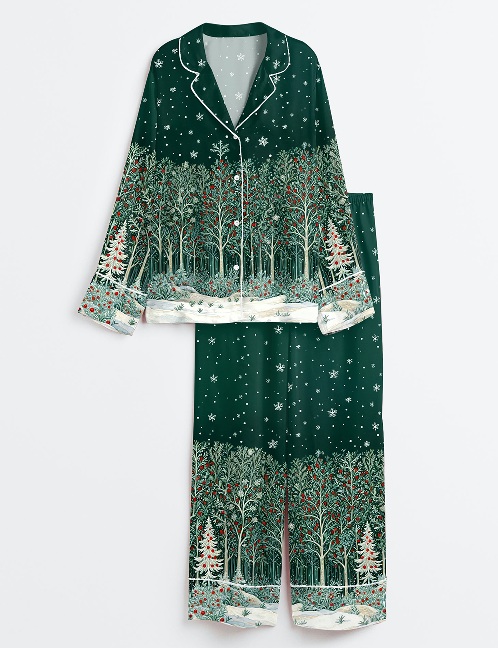 Women's Folk Art Christmas Forest Scandinavian Holiday Long Sleeve Satin Pajamas Set