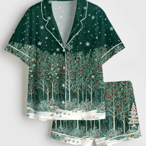 Womenâ€™s Folk Art Christmas Forest Scandinavian Holiday Short Sleeve Satin Pajama Set