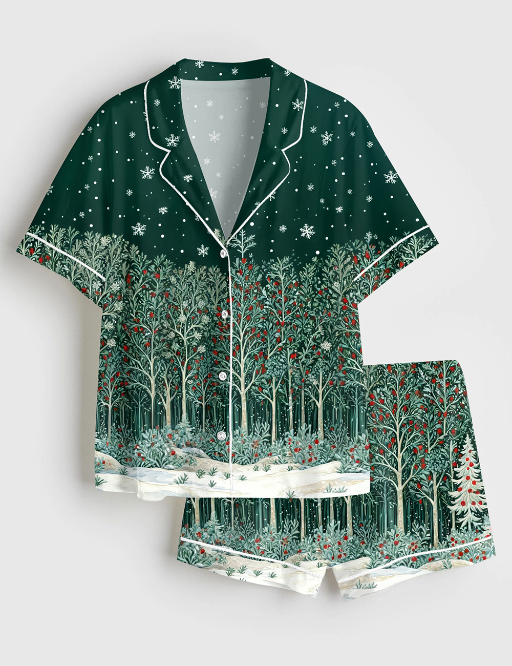 Womenâ€™s Folk Art Christmas Forest Scandinavian Holiday Short Sleeve Satin Pajama Set
