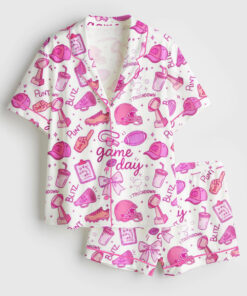 Women's Football Pink Out Game Day Short Sleeve Satin Pajama Set
