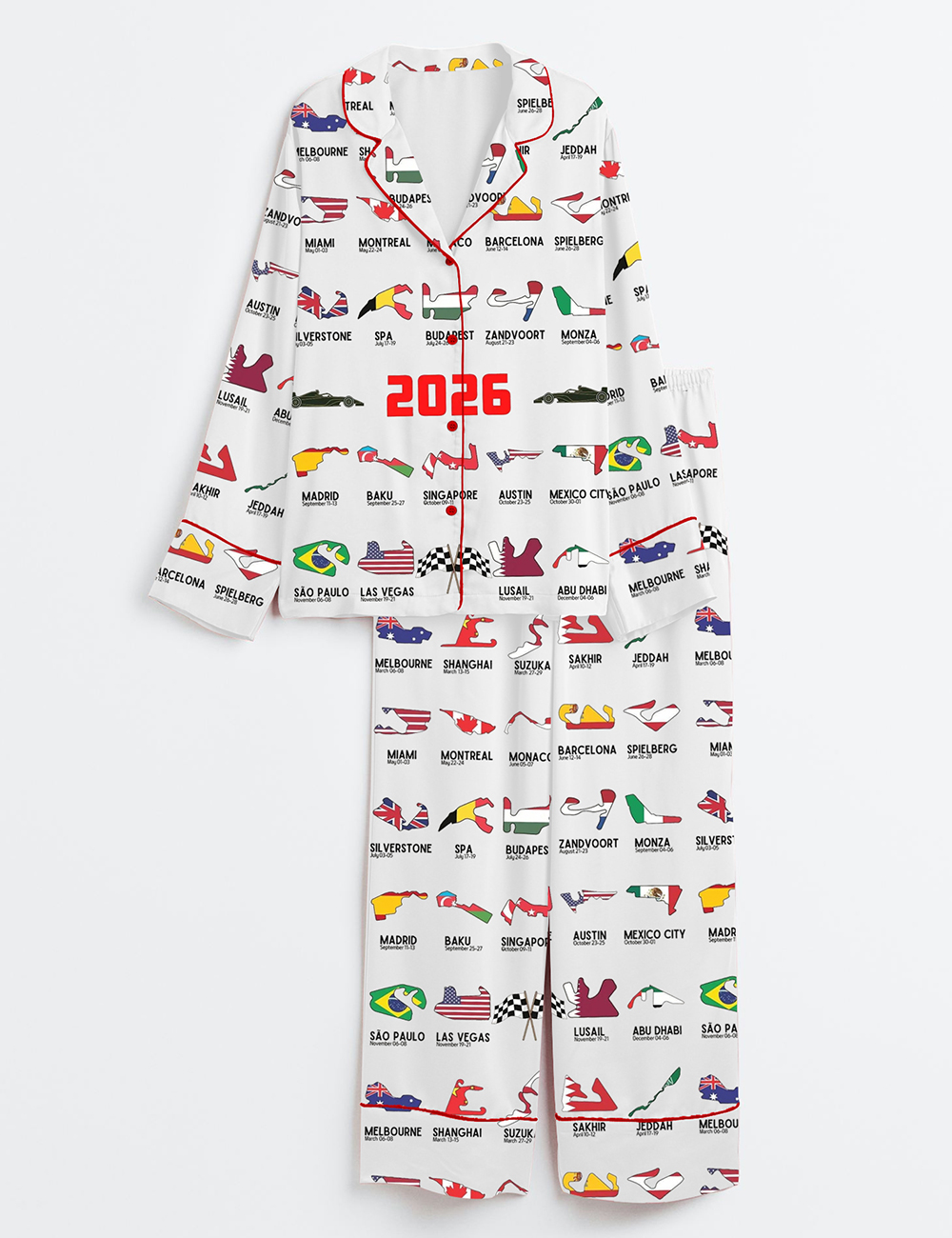 Womenâ€™s Formula One 2026 Calendar Season Long Sleeve Satin Pajama Set
