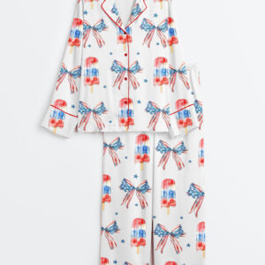 Women's Fourth of July Popsicle Patriotic Coquette Bow American Pride Red White Blue Long Sleeve Satin Pajamas Set