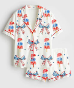 Women's Fourth of July Popsicle Patriotic Coquette Bow American Pride Red White Blue Short Sleeve Satin Pajama Set