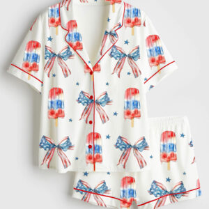 Womenâ€™s Fourth of July Popsicle Patriotic Coquette Bow American Pride Red White Blue Short Sleeve Satin Pajama Set