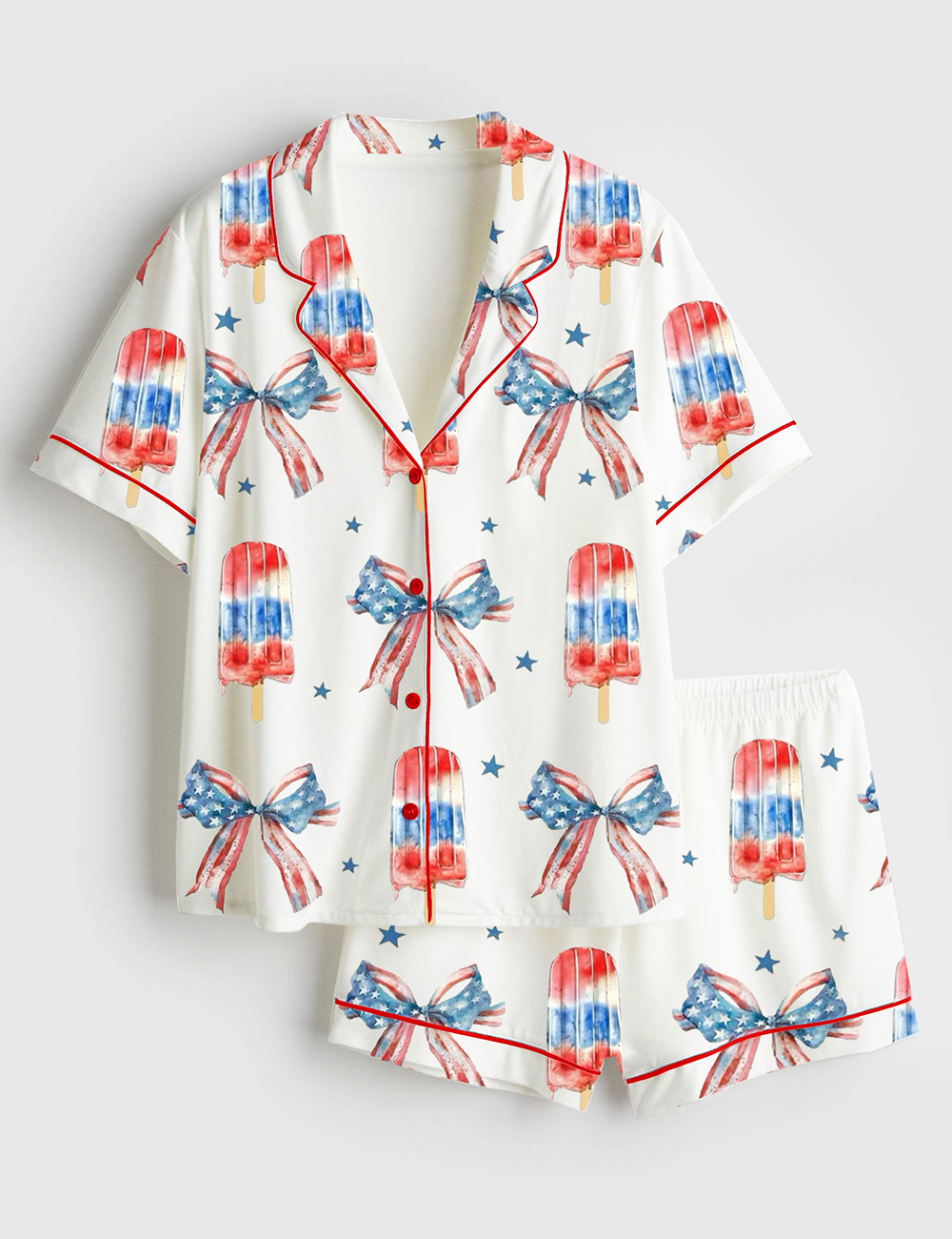 Womenâ€™s Fourth of July Popsicle Patriotic Coquette Bow American Pride Red White Blue Short Sleeve Satin Pajama Set