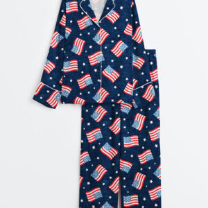 Womenâ€™s Fourth Of July Red White Blue USA Flag America Stars And Flags Long Sleeve Satin Pajama Set