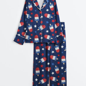 Womenâ€™s Fourth Of July Red White Blue USA Flag America Stars And Flags Patriotic 4th Of July Popsicles Long Sleeve Satin Pajama Set