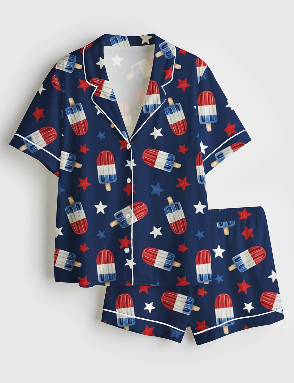 Womenâ€™s Fourth Of July Red White Blue USA Flag America Stars And Flags Patriotic 4th Of July Popsicles Short Sleeve Satin Pajama Set