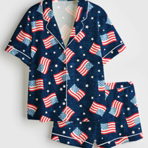 Womenâ€™s Fourth Of July Red White Blue USA Flag America Stars And Flags Short Sleeve Satin Pajama Set