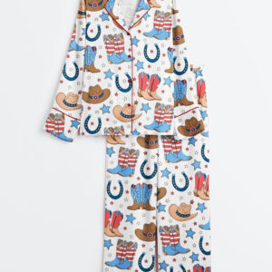 Womenâ€™s Fourth Of July Red White Blue USA Flag America Western Cowboy Boots Patriotic Cowboy Long Sleeve Satin Pajama Set