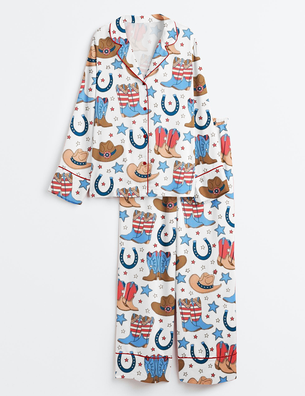Womenâ€™s Fourth Of July Red White Blue USA Flag America Western Cowboy Boots Patriotic Cowboy Long Sleeve Satin Pajama Set