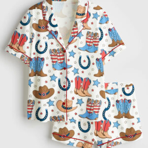 Womenâ€™s Fourth Of July Red White Blue USA Flag America Western Cowboy Boots Patriotic Cowboy Short Sleeve Satin Pajama Set