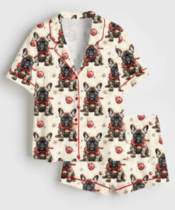 Women's French Bulldog Christmas Short Sleeve Satin Pajama Set