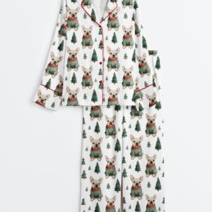 Women's French Bulldog Christmas Sweater Long Sleeve Satin Pajamas Set