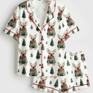 Womenâ€™s French Bulldog Christmas Sweater Short Sleeve Satin Pajama Set