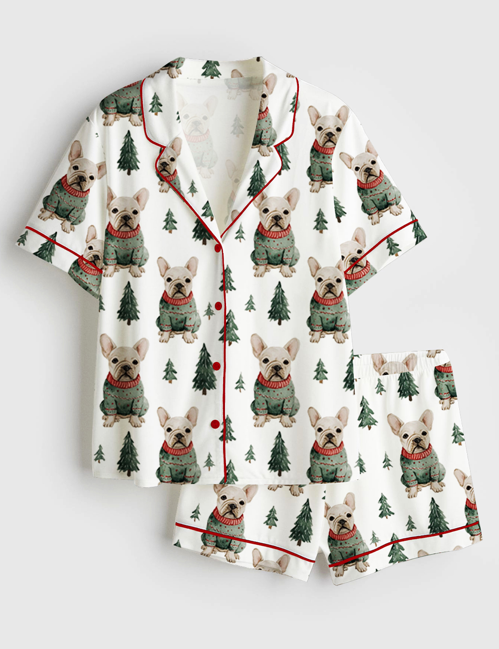 Womenâ€™s French Bulldog Christmas Sweater Short Sleeve Satin Pajama Set