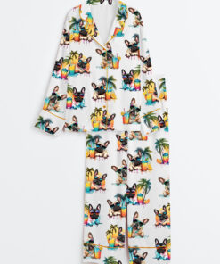 Women's French Bulldog Cute Frenchie Head Summer Beach Cold Beer Alcohol Print Long Sleeve Satin Pajama Set