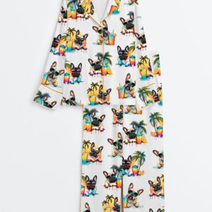 Women's French Bulldog Cute Frenchie Head Summer Beach Cold Beer Alcohol Print Long Sleeve Satin Pajamas Set