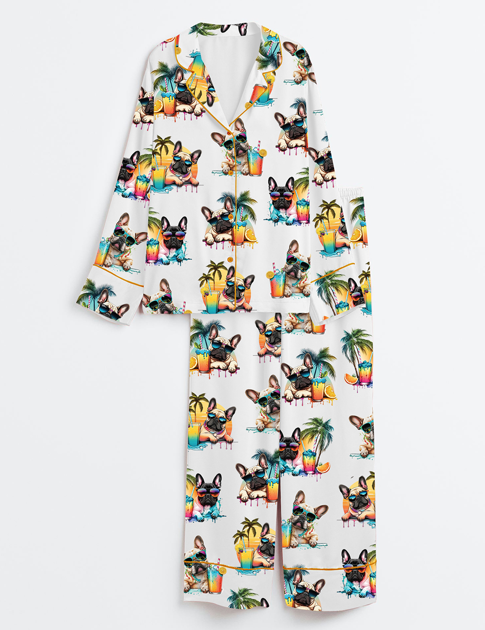Women's French Bulldog Cute Frenchie Head Summer Beach Cold Beer Alcohol Print Long Sleeve Satin Pajamas Set