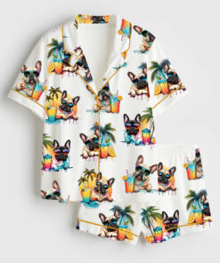 Women's French Bulldog Cute Frenchie Head Summer Beach Cold Beer Alcohol Print Short Sleeve Satin Pajama Set