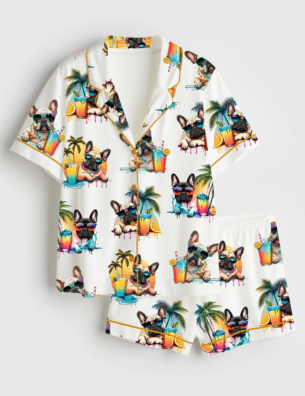 Womenâ€™s French Bulldog Cute Frenchie Head Summer Beach Cold Beer Alcohol Print Short Sleeve Satin Pajama Set