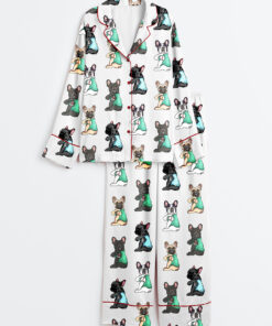 Women's French Bulldog I Love Mom Frenchie Mom Cute Frenchie Bulldog Print Long Sleeve Satin Pajama Set