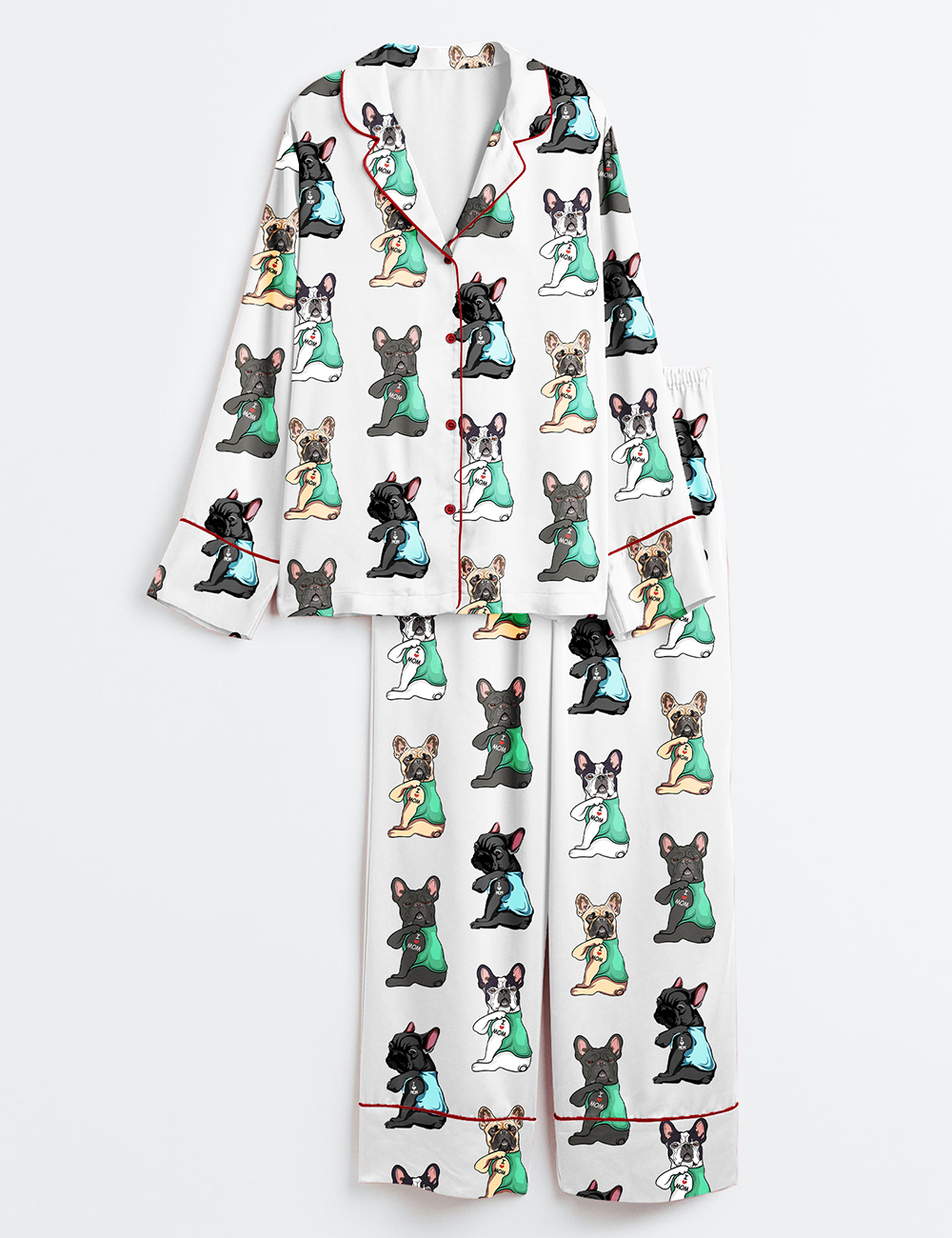 Womenâ€™s French Bulldog I Love Mom Frenchie Mom Cute Frenchie Bulldog Print Long Sleeve Satin Pajama Set