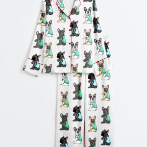 Women's French Bulldog I Love Mom Frenchie Mom Cute Frenchie Bulldog Print Long Sleeve Satin Pajamas Set