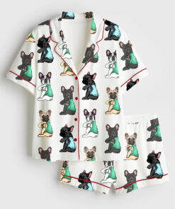 Women's French Bulldog I Love Mom Frenchie Mom Cute Frenchie Bulldog Print Short Sleeve Satin Pajama Set