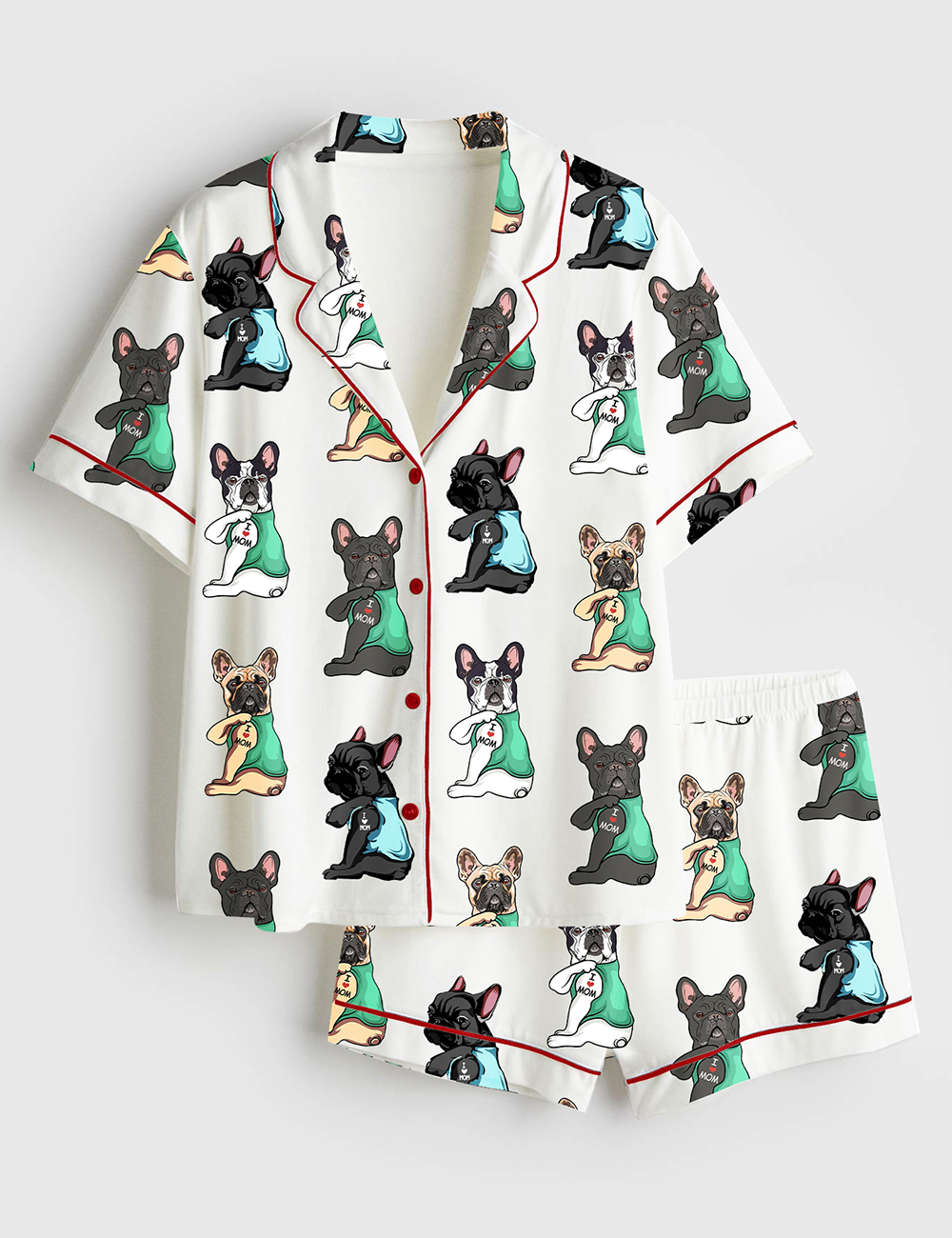 Womenâ€™s French Bulldog I Love Mom Frenchie Mom Cute Frenchie Bulldog Print Short Sleeve Satin Pajama Set