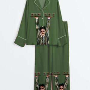 Womenâ€™s French Waiter Serving Drinks Long Sleeve Satin Pajama Set