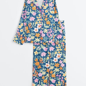 Women's Full Bloom Navy Floral Long Sleeve Satin Pajamas Set