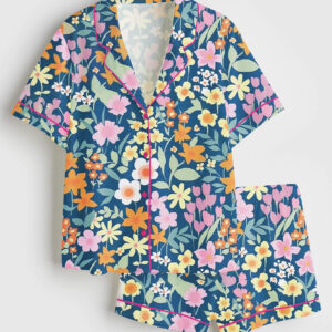 Women's Full Bloom Navy Floral Short Sleeve Satin Pajama Set