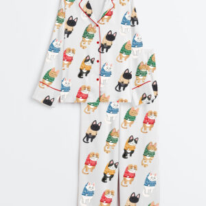 Womenâ€™s Funny Cats Christmas Tree Cat Mom Animal Lover Long Sleeve Satin Pajama Set