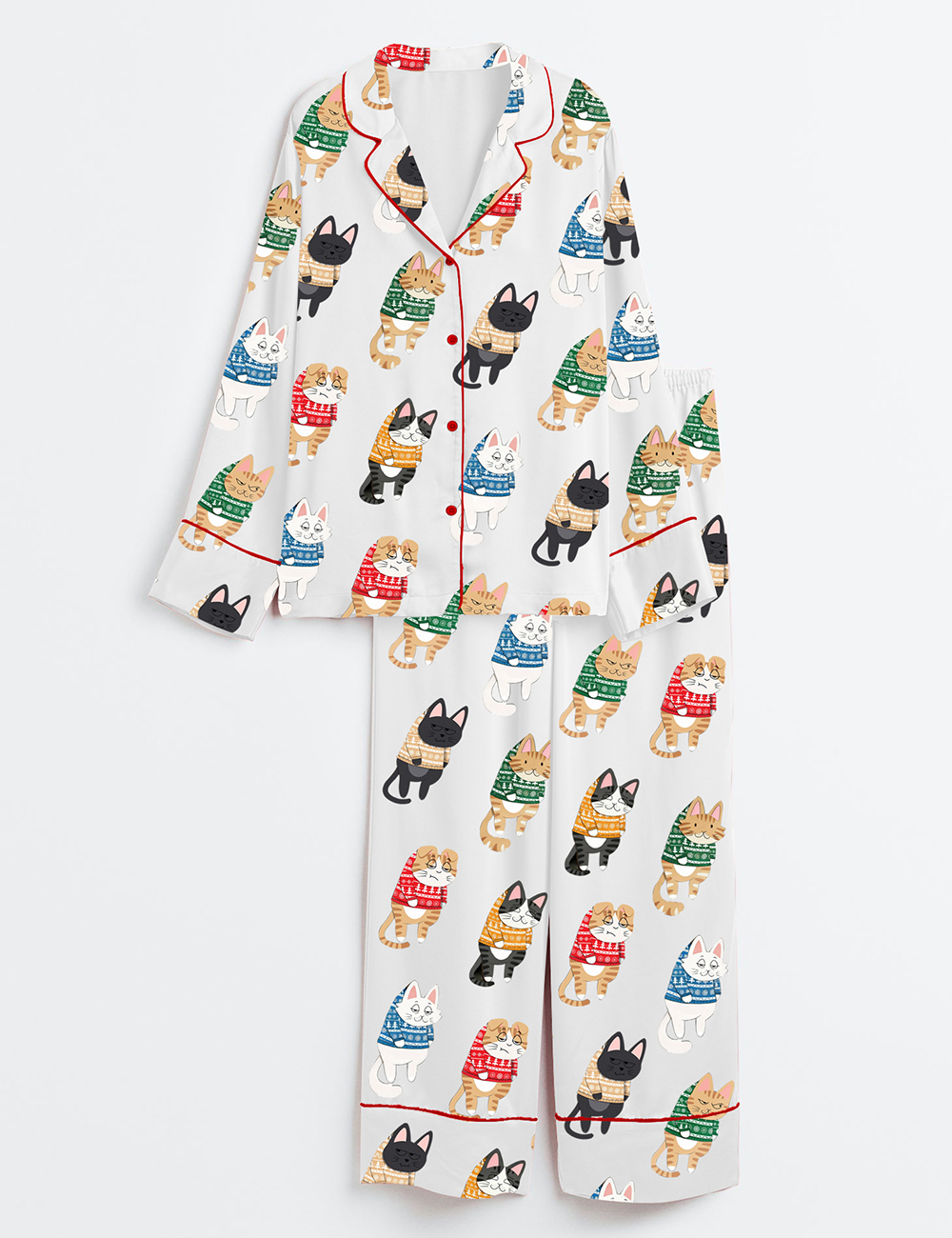 Womenâ€™s Funny Cats Christmas Tree Cat Mom Animal Lover Long Sleeve Satin Pajama Set